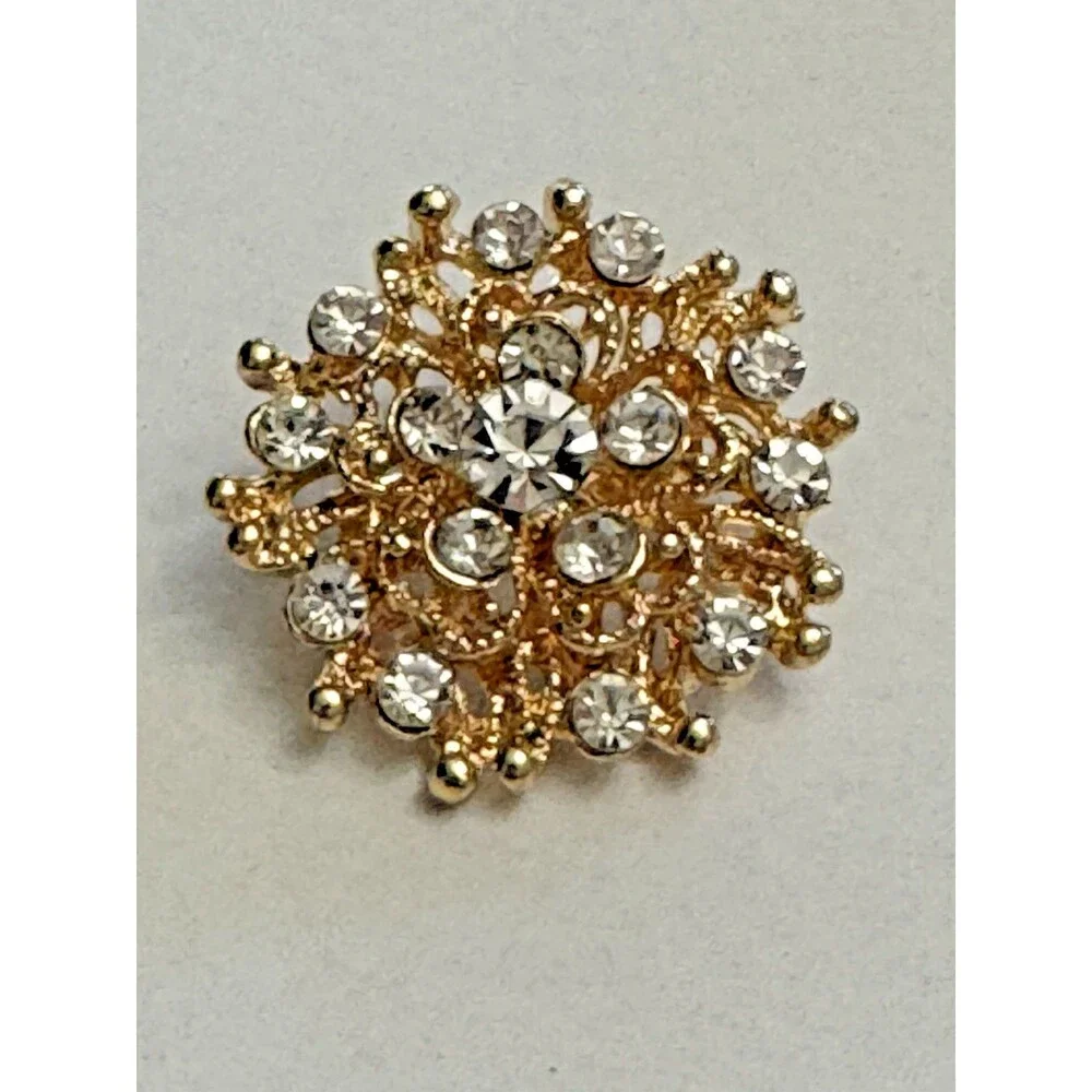 Modern Gold Tone Rhinestone Flower Brooch 1 Inch